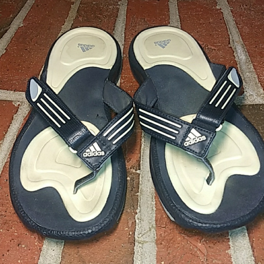 Blue and cream adidas sandals